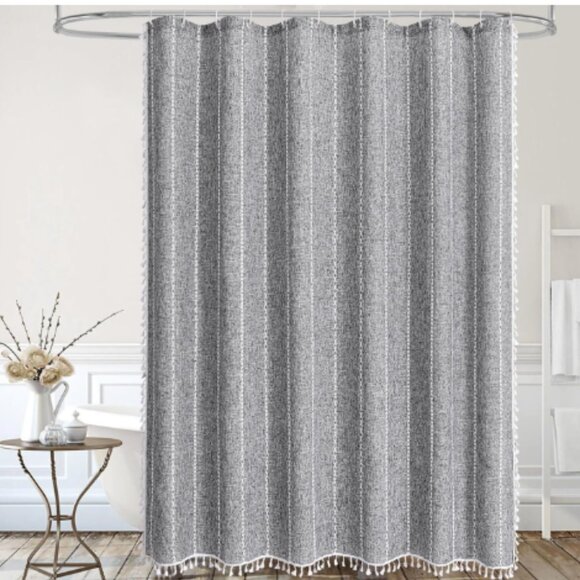 Dark Gray Linen Boho Shower Curtain with White Tassels Embroidered 72.5 x 73 NEW - Picture 1 of 15